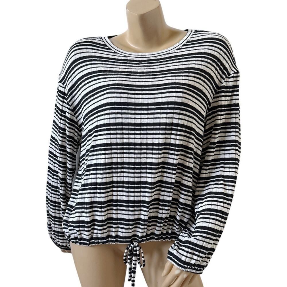 MUDD Womens Black White Striped Stretch Knit Long Sleeve Shirt Top Large